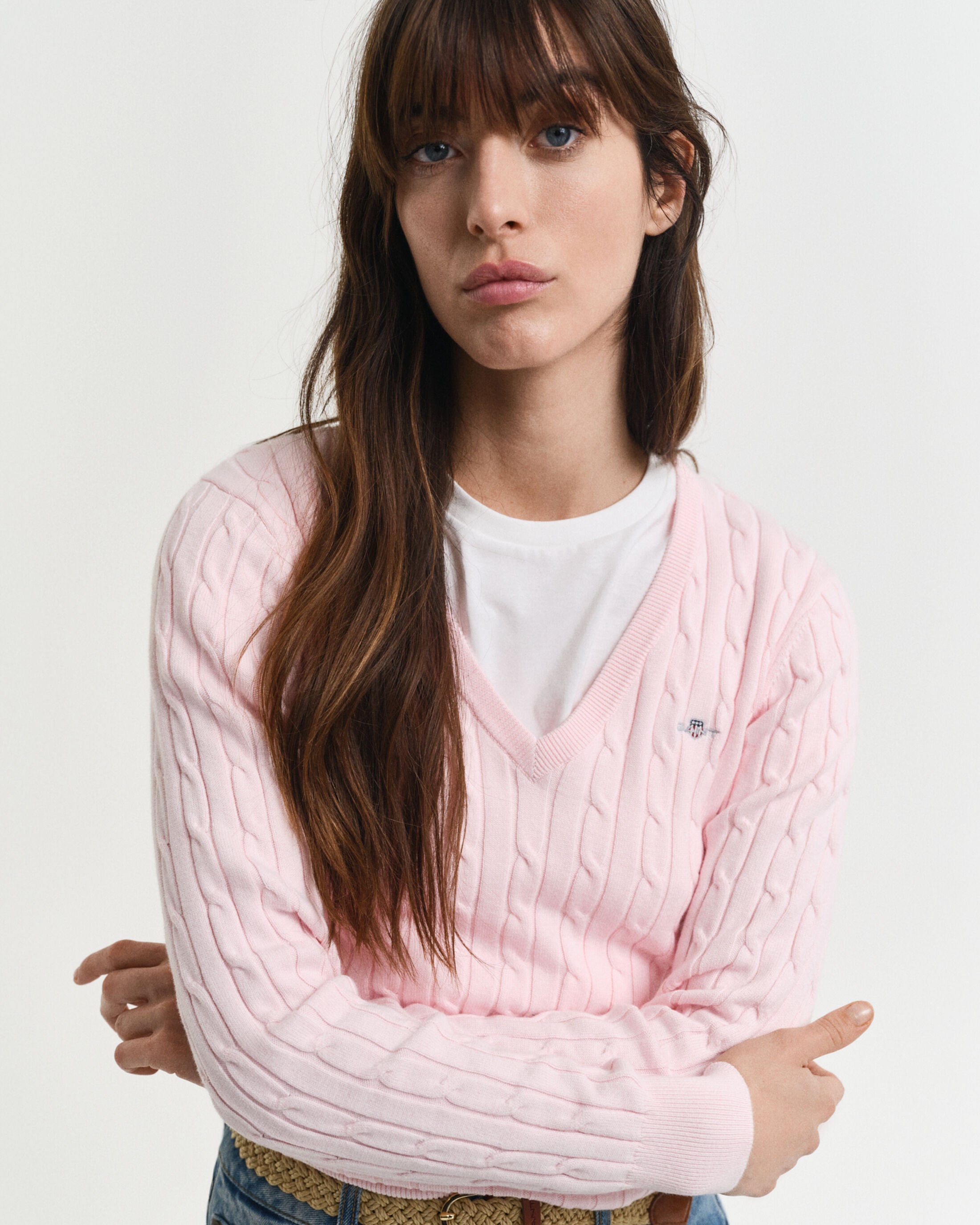 Cotton Cable Crew V-Neck Salmon Pink