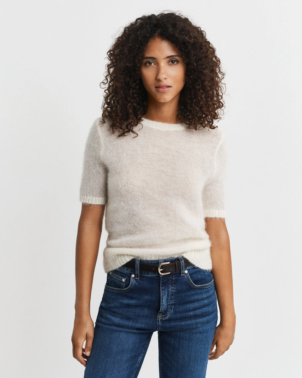 Cream Mohair Blend Short Sleeve Crew Neck Sweater