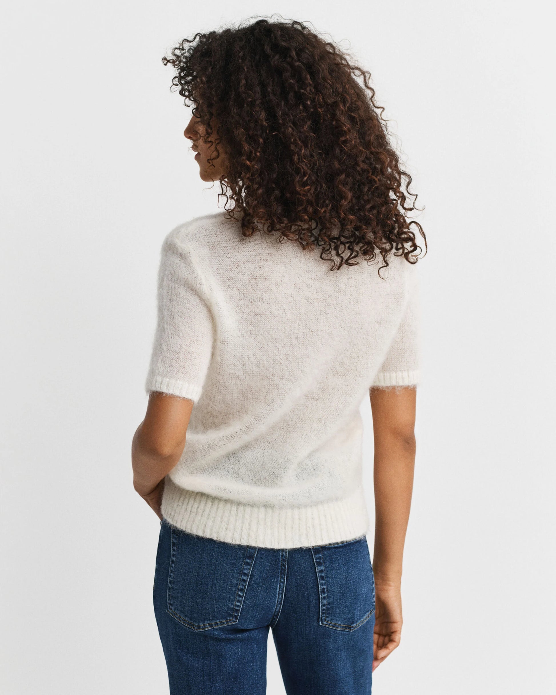 Cream Mohair Blend Short Sleeve Crew Neck Sweater