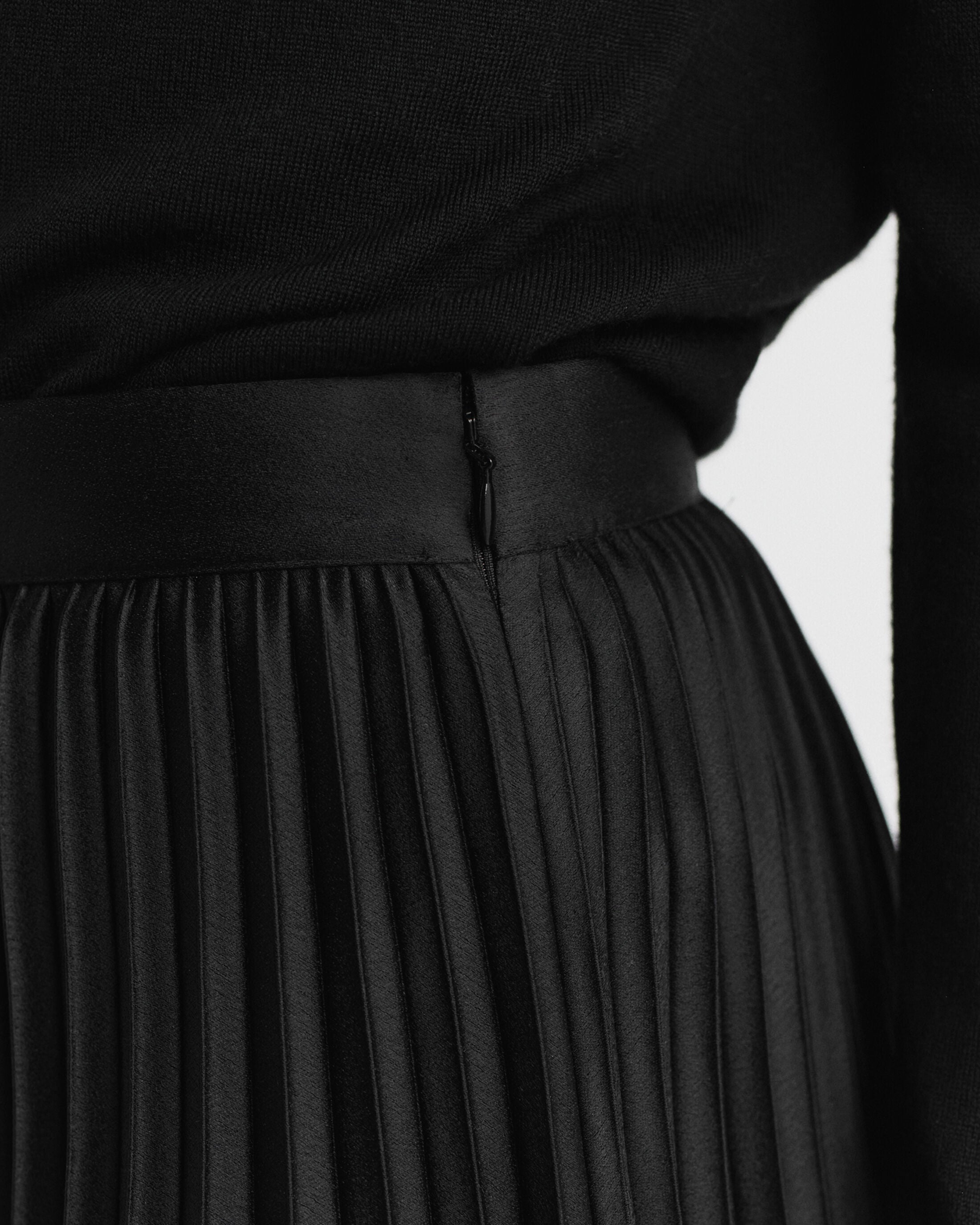 The Black Pleated Sateen Skirt