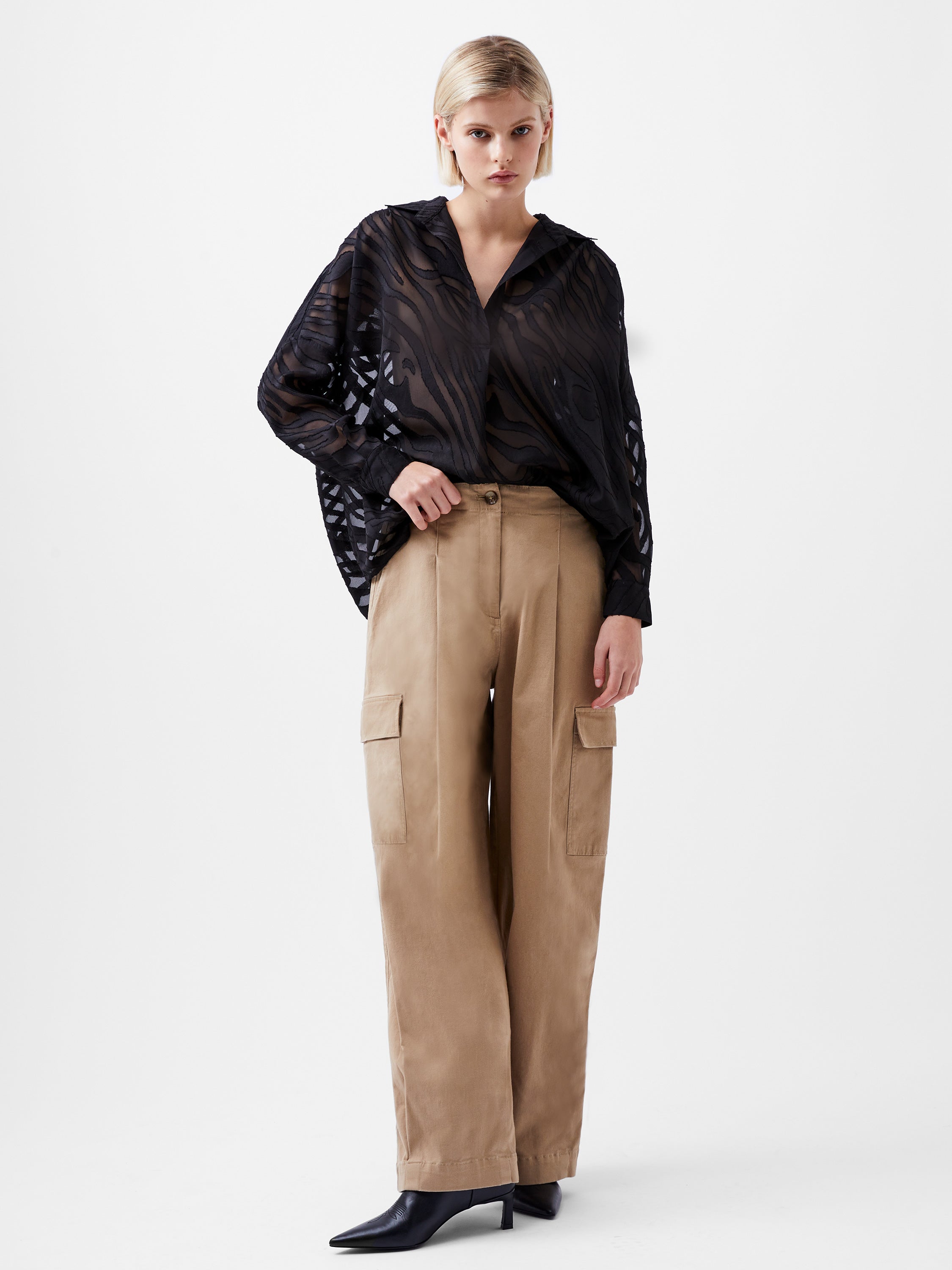 Zebra Devore Popover Black Blouse