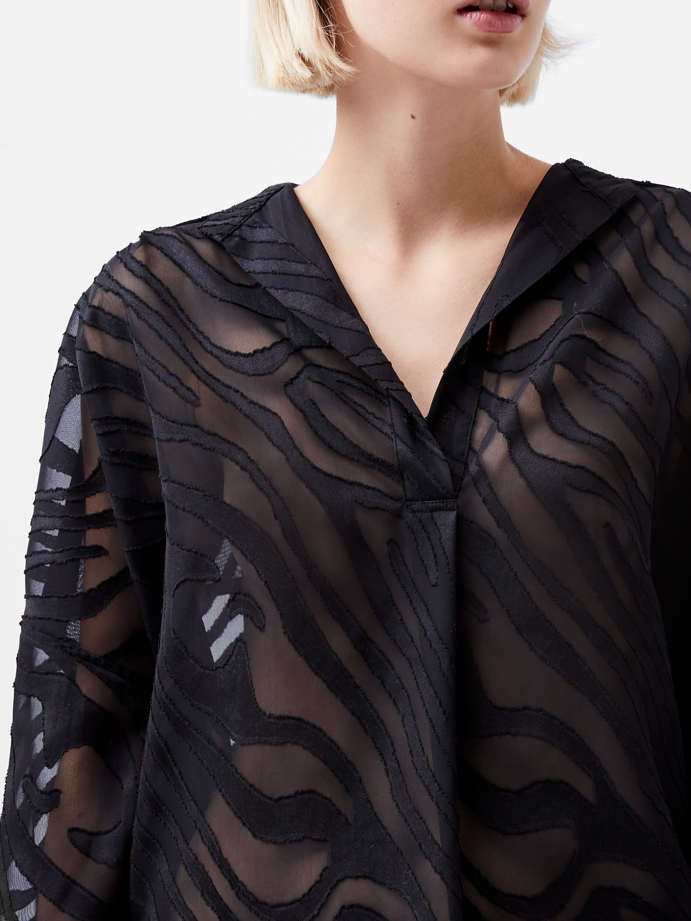 Zebra Devore Popover Black Blouse